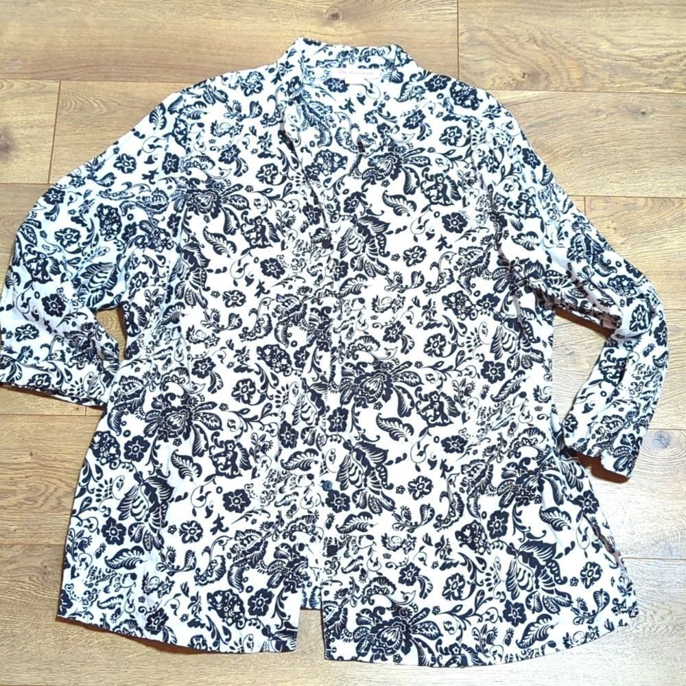 Lily Stanhope White/Black  Floral Print Linen Top Blouse Shirt 2X
